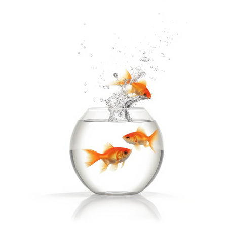 Goldfish jumping out of the water. Isolated on white backgroundの素材