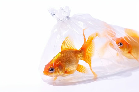 Goldfish in plastic bag isolated on white background with clipping path.の素材