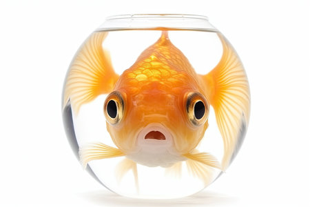 Goldfish in a glass bowl on a white background. Isolationの素材