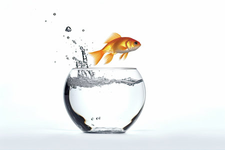 Goldfish jumping out of the water. Isolated on white backgroundの素材