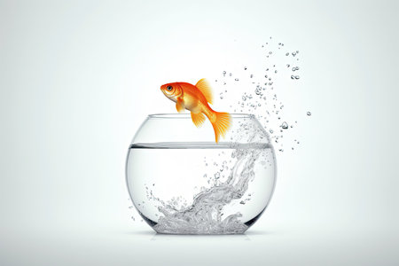 Goldfish jumping out of a bowl with water. 3d renderingの素材