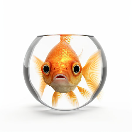 Goldfish in a round glass aquarium on a white background. 3d renderingの素材