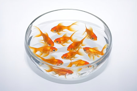 Goldfish in a petri dish on white background. Isolatedの素材