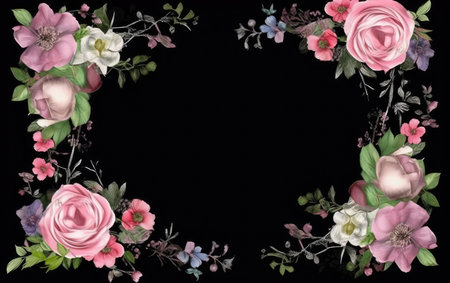 Watercolor floral frame on a black background. Hand painted flowers.の素材