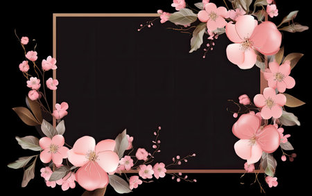 Frame with cherry blossom flowers and leaves on black background. Vector illustration.の素材