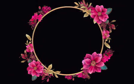 Round frame with pink flowers on black background. Floral frame.の素材