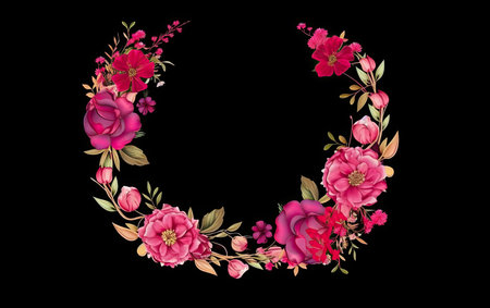 Beautiful floral wreath with pink flowers and leaves on black backgroundの素材