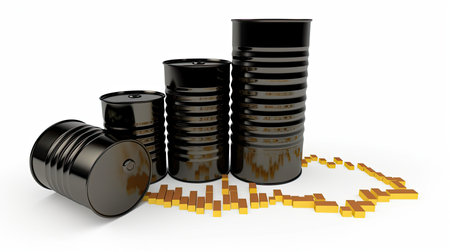 3d illustration of oil barrels over white background with arrow in itの素材