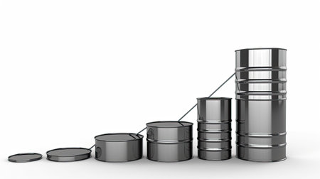3d rendering of oil barrels in white background with a business graphの素材
