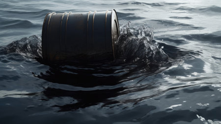 Close up of a plastic barrel floating in the sea. This is a 3d render illustration.の素材