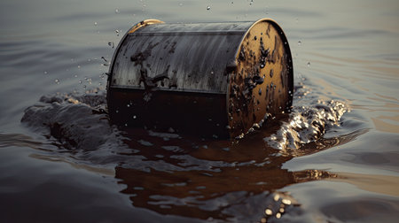 Rusty oil drum in the water. Conceptual image of pollutionの素材