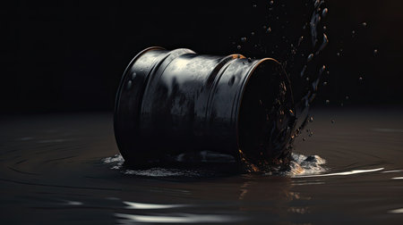 Black oil barrel in the water with splashes and drops of oilの素材