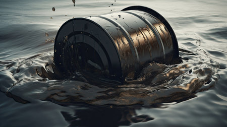 3d illustration of oil barrel sinking in water. Concept of oil crisisの素材