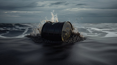 3D rendering of a barrel of oil in a stormy seaの素材