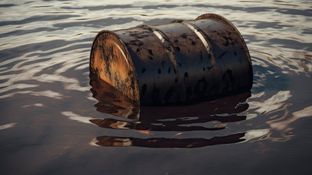 Rusty oil barrel floating in the water of a river with reflectionsの素材