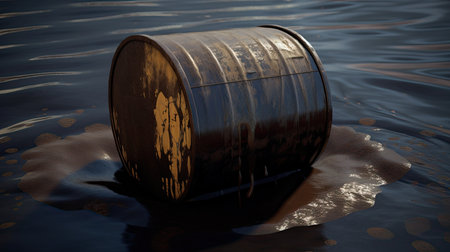 Oil barrel on the water. 3d render illustration. Oil conceptの素材