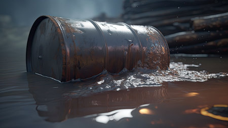 Oil industry concept. Barrels of oil spilled on the ground.の素材