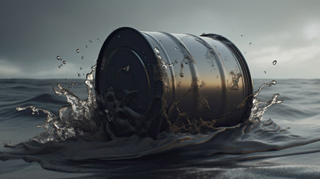 3D rendering of a metal can in the sea with water splashesの素材