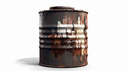 3D rendering of a rusty oil barrel on white background with shadowの素材