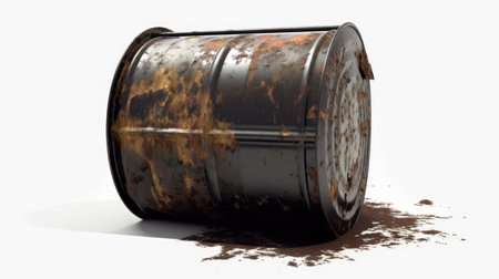 Abandoned oil barrel on white background. 3D rendering.の素材