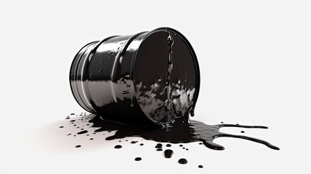 3d rendering of a black oil barrel with spilled oil on white backgroundの素材