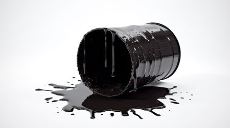 Black oil barrel with spilled oil on white background. 3d renderingの素材