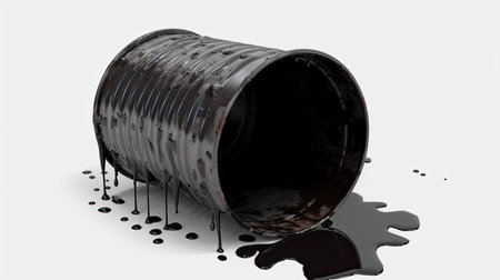 3d rendering of black oil barrel with spilled oil on white backgroundの素材