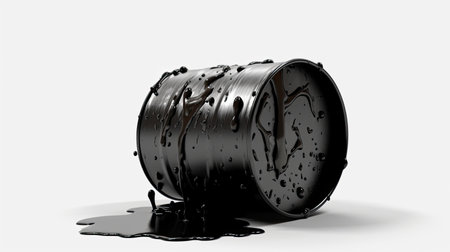 Black oil barrel with spilled oil on white background. 3D renderingの素材