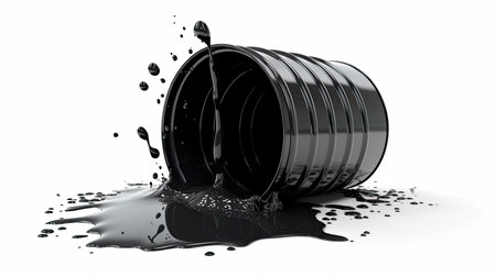 3d rendering of oil barrel with black paint splash isolated on white backgroundの素材