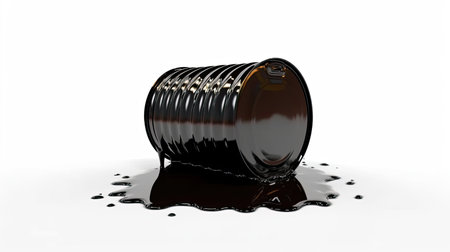 3d rendering of a black oil barrel in white background with shadow.の素材