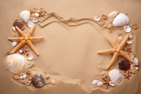 Seashells and starfish on the sand with copy spaceの素材
