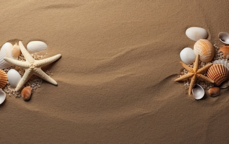 Seashells and starfish on sand background. Top viewの素材