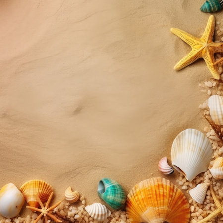 Seashells and starfish on sand background with copy spaceの素材