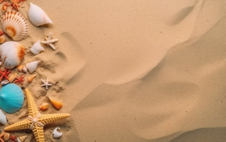 Summer beach background with seashells and starfish on the sandの素材