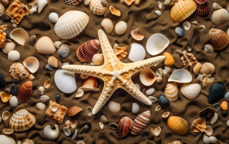 Seashells and starfish on sand background. Top viewの素材