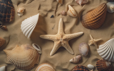 Seashells and starfish on sand background. Top viewの素材