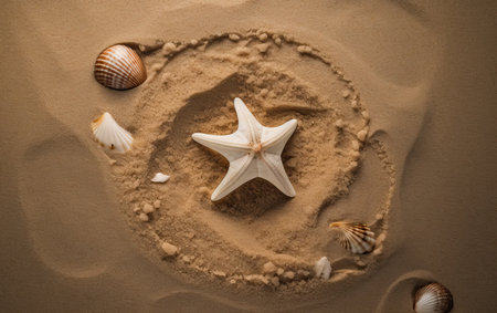 Starfish and seashells on the sand. Top view.の素材