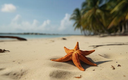 Starfish on the beach with palm trees in the background. Maldivesの素材
