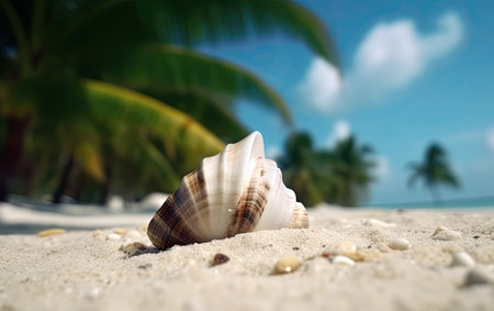 Sea shell on a sandy beach against the background of palm trees.の素材