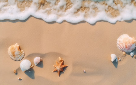 Seashells on the beach. Top view with copy spaceの素材