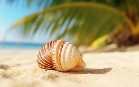Seashell on the sandy beach with palm tree in the backgroundの素材