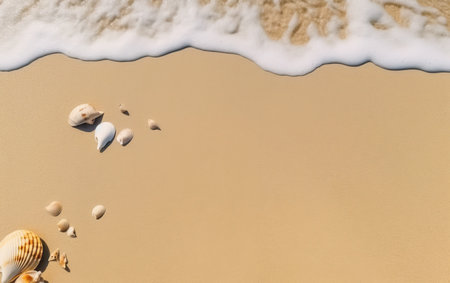 Sea shells and sand on the beach. Top view with copy spaceの素材