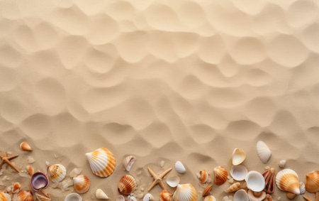 top view of seashells and starfishes on sandy beachの素材