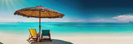 Parasol and two chairs on tropical beach at Seychellesの素材
