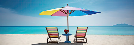 Beach chairs and umbrella on a sandy beach with blue sky backgroundの素材