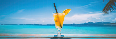 Cocktail on the tropical beach with sea and blue sky backgroundの素材