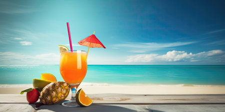 Cocktail on a tropical beach with palm trees and blue skyの素材