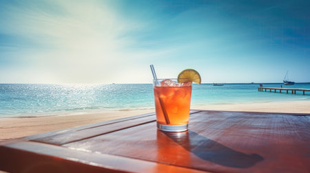 Cocktail on the beach with blue sky and sea background.の素材