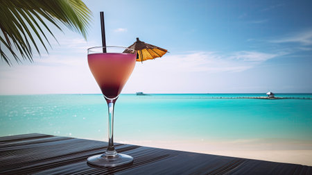 Cocktail on the beach with blue sea and sky background.の素材