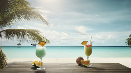 Cocktails on a tropical beach with palm trees and blue skyの素材